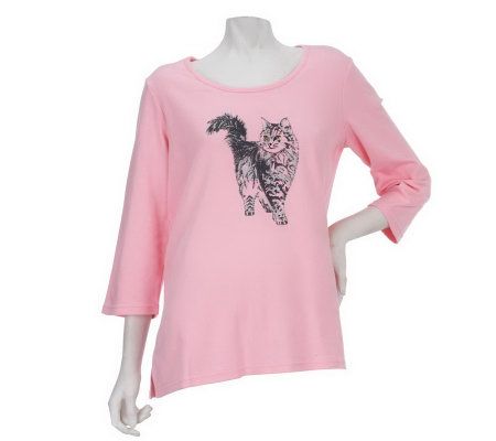 Quacker Factory Glitter Kitty 3/4 Sleeve T-shirt - A224420