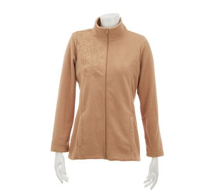 Denim & Co. Zip Front Fleece Jacket w/Floral Embroidery - A229220