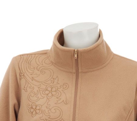 Denim & Co. Zip Front Fleece Jacket w/Floral Embroidery