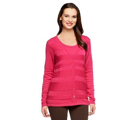 Denim & Co. Sweater Cardigan Twin Set w/Tank & Stripe Detail - A230320