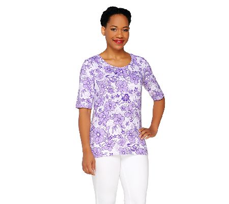 Denim & Co. Elbow Sleeve Scoop Neck Floral Printed Top - A232620