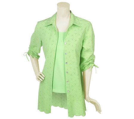 Susan Graver Cotton Eyelet Shirt Jacket & Stretch Knit Tank Set - A55820