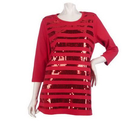 Quacker Factory 3/4 Sleeve Tunic w/ Square Sequin Stripes - A216421