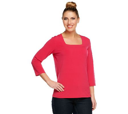Susan Graver Essentials Liquid Knit 3/4 Sleeve Square Neck Top - A220621