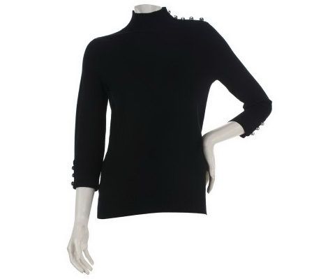Susan Graver Mock Neck 3/4 Sleeve Sweater with Button Detail - A221321