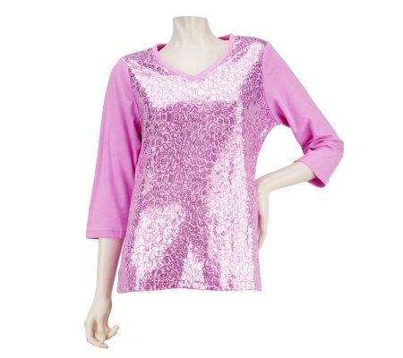 Quacker Factory 3/4 Sleeve Leopard Fun Sequin T-shirt - A222121