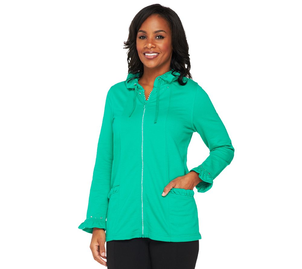 Quacker Factory Diamond Studded Zip Front Jacket w/ Ruffle Trim - A226221