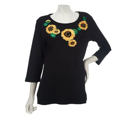 Quacker Factory Sparkle & Shine Sunflower Power 3/4 Sleeve T-shirt - A226921