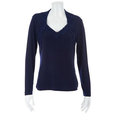 George Simonton Long Sleeve Milky Knit Top with Lace Detail - A228321