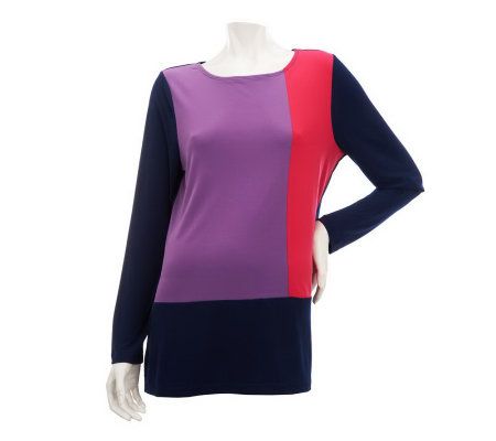 Susan Graver Liquid Knit Bateau Neck Color Blocked Tunic - A229121