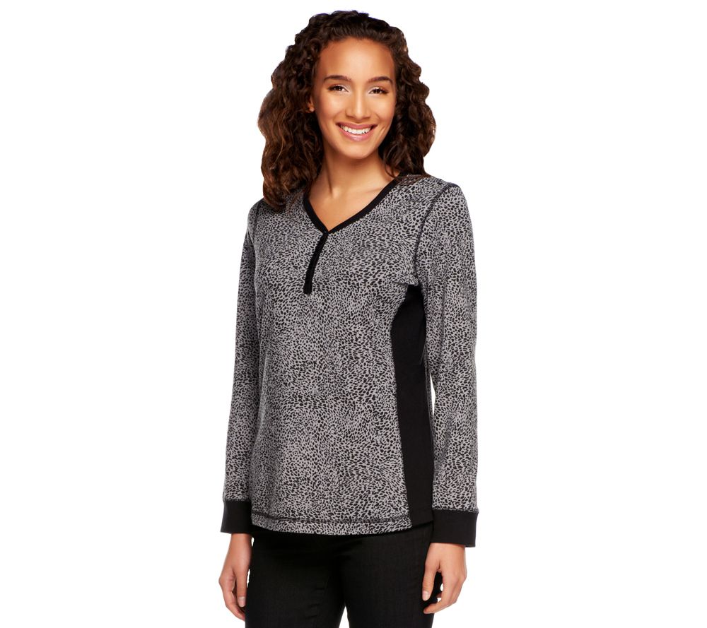 Denim & Co. Long Sleeve Animal Print Henley with Tonal Stitching - A229521