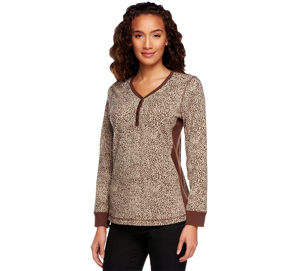 Denim & Co. Long Sleeve Animal Print Henley with Tonal Stitching - A229521