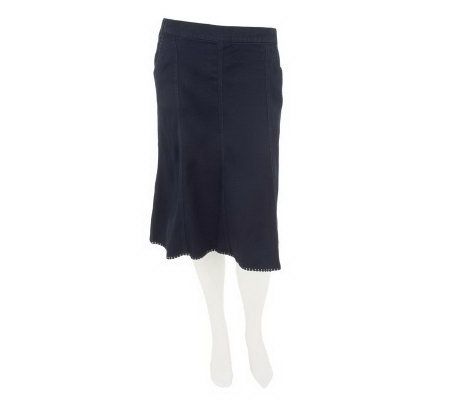 Denim & Co. Fit & Flare Denim Skirt with Pockets & Trim Detail - A231521