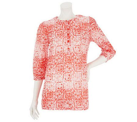Liz Claiborne New York 3/4 Sleeve Printed Henley Tunic - A231821