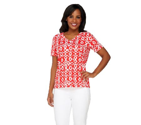 Denim & Co. Knit V-neck Tribal Print T-shirt - A232621