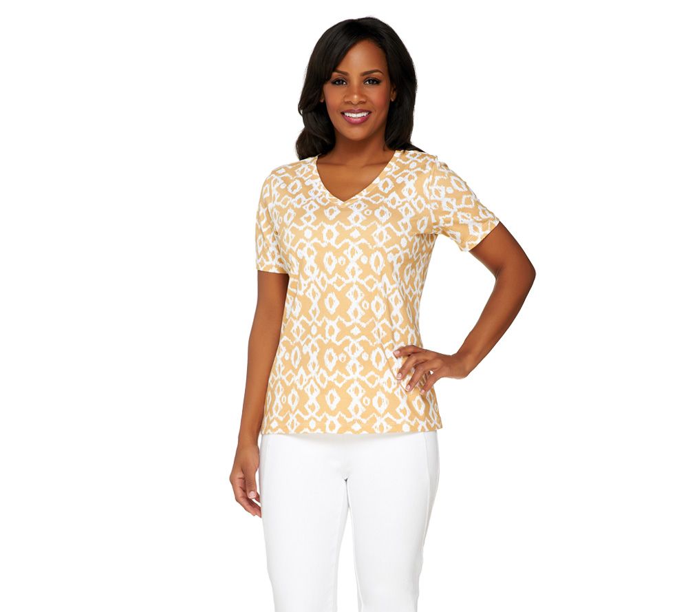 Denim & Co. Knit V-neck Tribal Print T-shirt - A232621