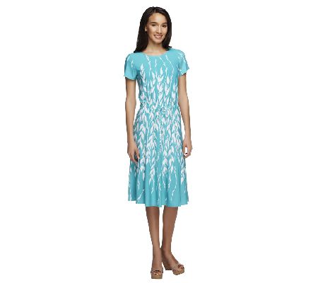 Bob Mackies Vivacious Vine Printed Dress w Drawstring & Cap Sleeve - A252321