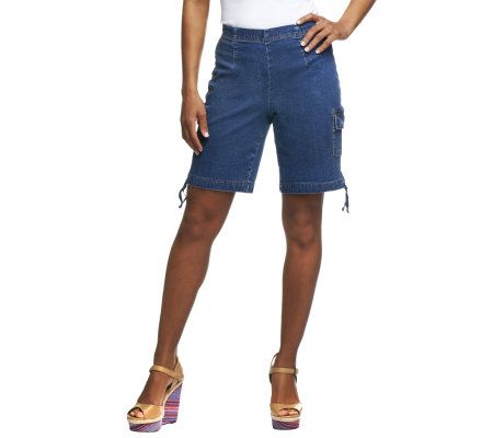 Denim & Co. Classic Waist RainWashPull-On Stretch Denim Cargo Shorts - A76721