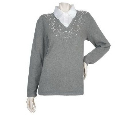 Quacker Factory Simulated Pearl Embellished Long Sleeve Duet Sweater - A92021