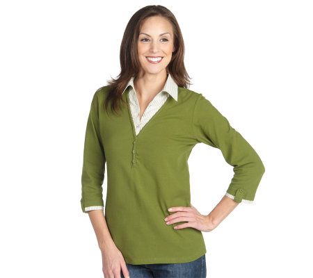 Denim & Co. 3/4 Sleeve Knit Top with Striped Woven Inset - A202922