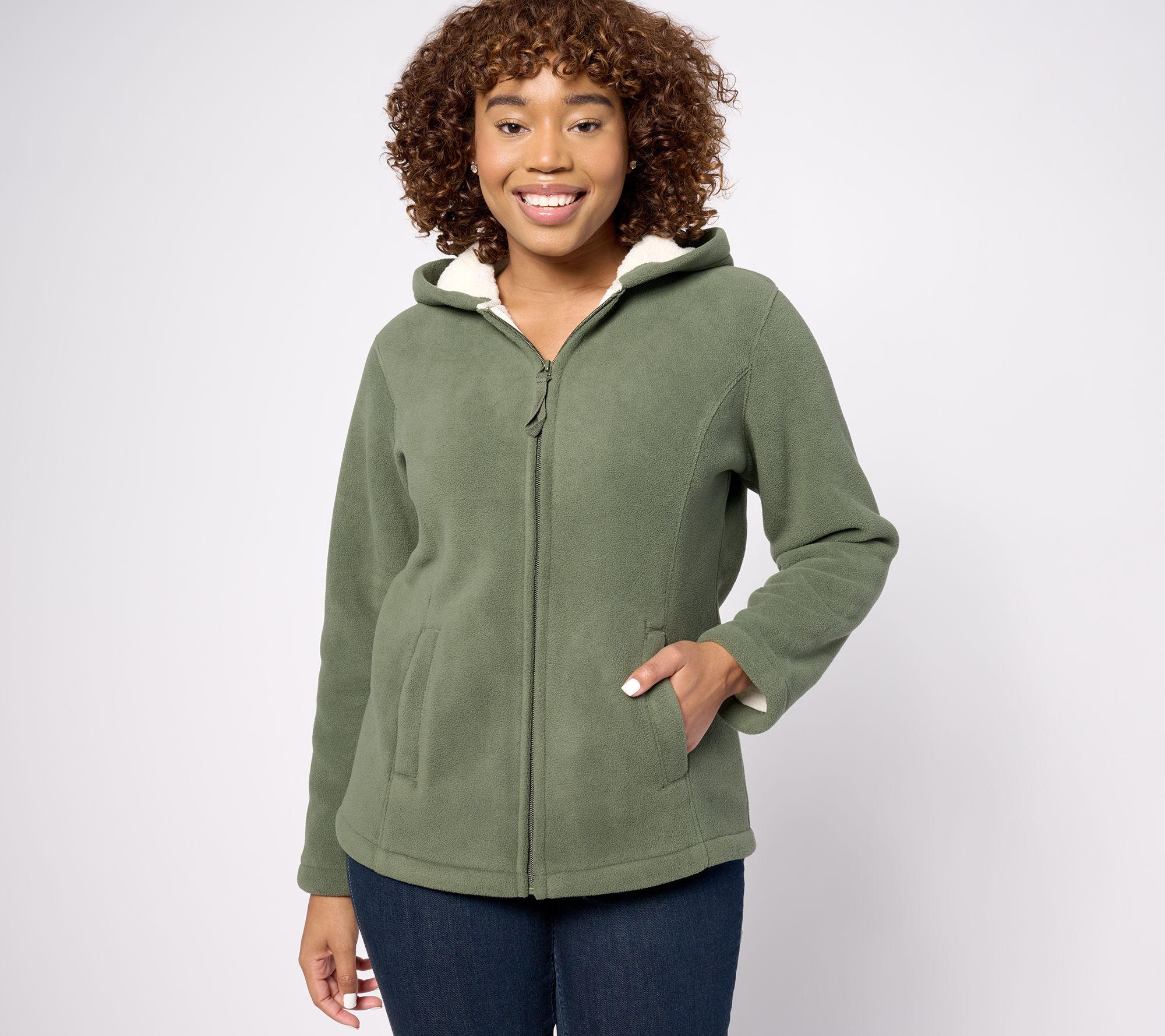 Denim & Co. Zip Front Fleece Jacket with Hood and Sherpa Lining - A209822