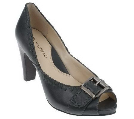Tignanello Leather Open Toe Pumps w/ Whipstitch & Buckle Detail - A212322