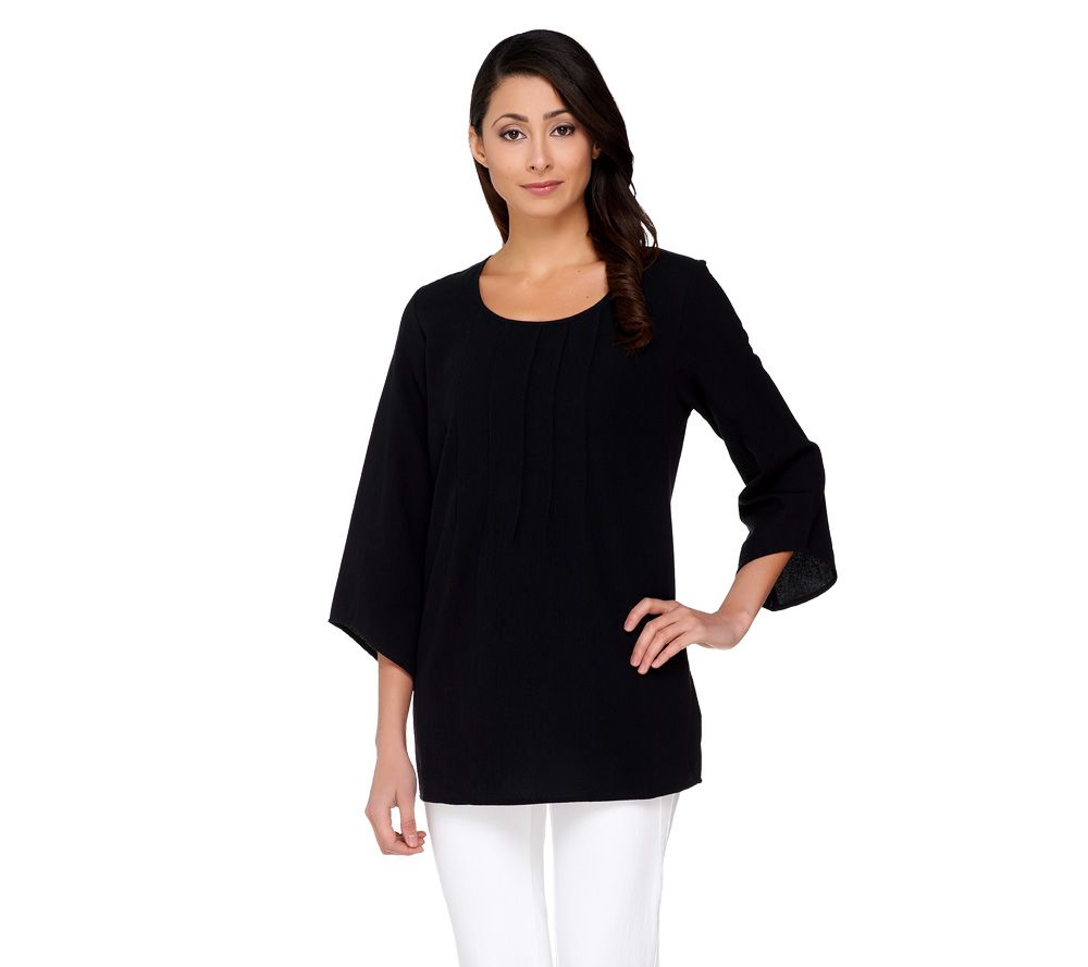 Susan Graver Cotton Gauze 3/4 Sleeve Top with Pintuck Detail - A224322