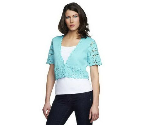 Denim & Co. Short Sleeve Crochet Shrug w/ Hook & Eye Closure