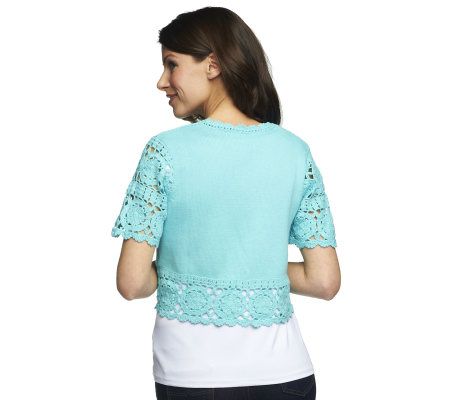 Denim & Co. Short Sleeve Crochet Shrug w/ Hook & Eye Closure