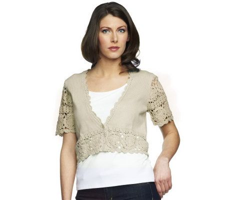 Denim & Co. Short Sleeve Crochet Shrug w/ Hook & Eye Closure - A232022