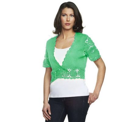 Denim & Co. Short Sleeve Crochet Shrug w/ Hook & Eye Closure - A232022