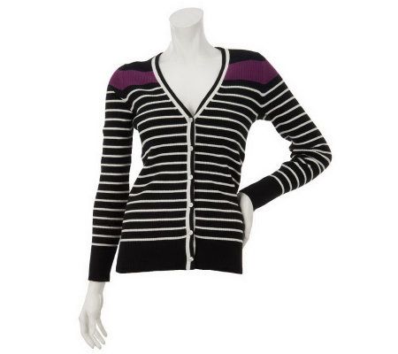 As Is Denim & Co. Long Sleeve V-Neck Stripe Cardigan - A236522