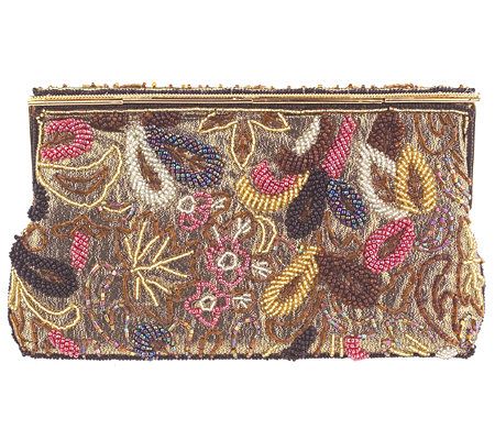 Lee Sands Beaded Metallic Clutch Handbag w/GoldChain Strap