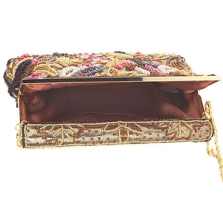 Lee Sands Beaded Metallic Clutch Handbag w/GoldChain Strap
