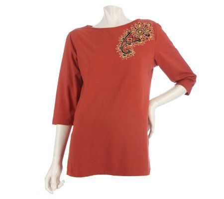 Bob Mackies Stretch Cotton 3/4 Sleeve T-shirt w/Embroidery - A86822