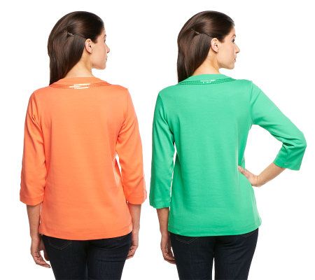 Quacker Factory Set of 2 3/4 Sleeve T-Shirts with Sequin Trim