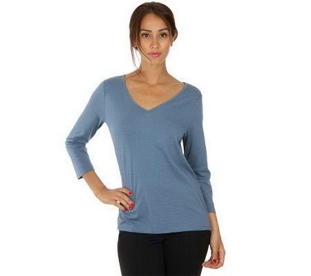 LOGO by Lori Goldstein V-neck Tee with 3/4 Sleeves and Side Slits - A202823