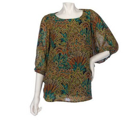 Bob Mackies Oriental Print Dolman Sleeve Georgette Top - A204223