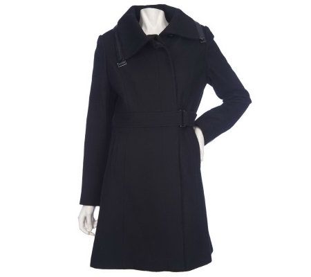 Centigrade Wool Blend Hidden Closure Coat with Faux Leather Trim - A210223
