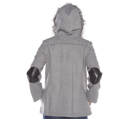 Isaac Mizrahi Live! Toggle Coat with Faux Fur & Elbow Patches