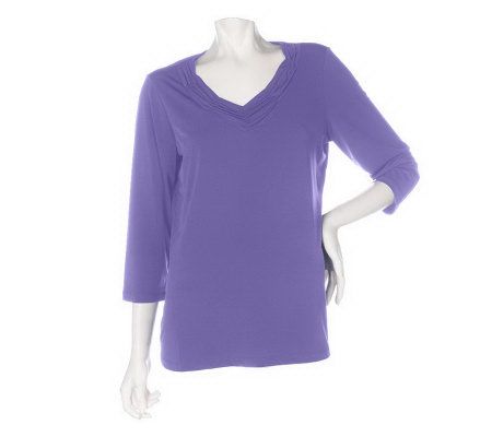 Susan Graver Liquid Knit Ruched V-neck Top with 3/4 Sleeves - A212723