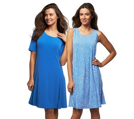 Susan Graver Set of 2 Liquid Knit Print and Solid Dresses - A221423