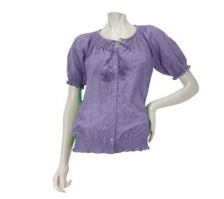 Denim & Co. Short Sleeve Embroidery Peasant Top with Smocking - A222123