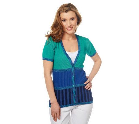 Liz Claiborne New York Plaited Rib Short Sleeve V-Neck Cardigan - A223023