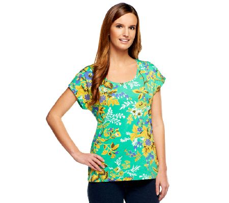 Isaac Mizrahi Live! Floral Printed Scoop Neck T-Shirt - A231623
