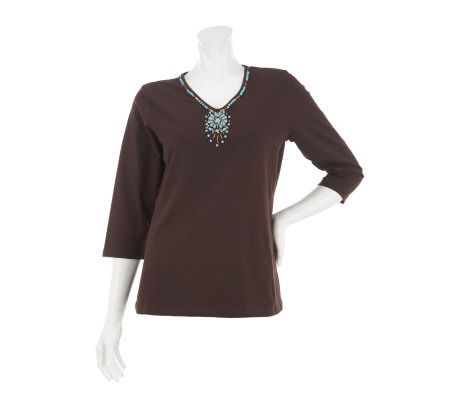 Denim & Co. Knit 3/4 Sleeve Top with Embellishment - A232623