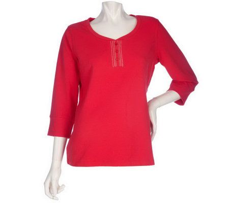 As Is Denim & Co. 3/4 Sleeve Henley with Contrast Stitch Detail - A232923