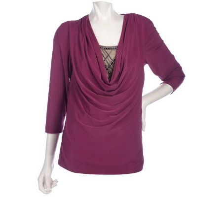 Bob Mackies Draped Jersey Knit Top w/ Jeweled and Studded Inset - A204224