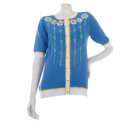 Bob Mackies Daisy Delight Embroidered Elbow Sleeve Cardigan - A215624