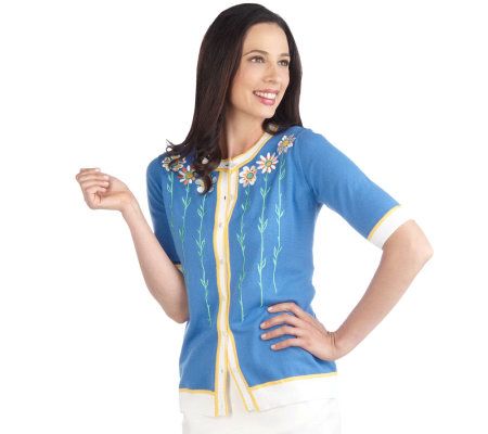Bob Mackies Daisy Delight Embroidered Elbow Sleeve Cardigan